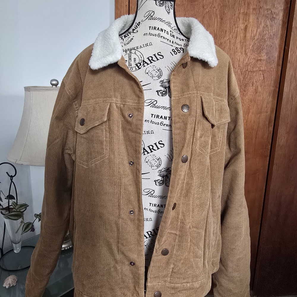 Men's Tan Corduroy Jacket with White Sherpa Collar
